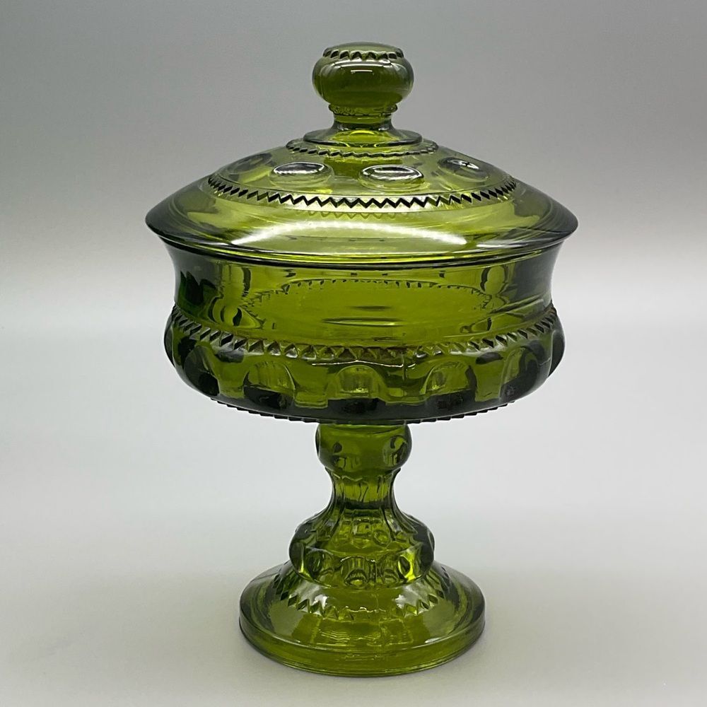 Vintage Indiana Glass Kings Crown Thumbprint Lidded Candy Dish Pedestal Bowl